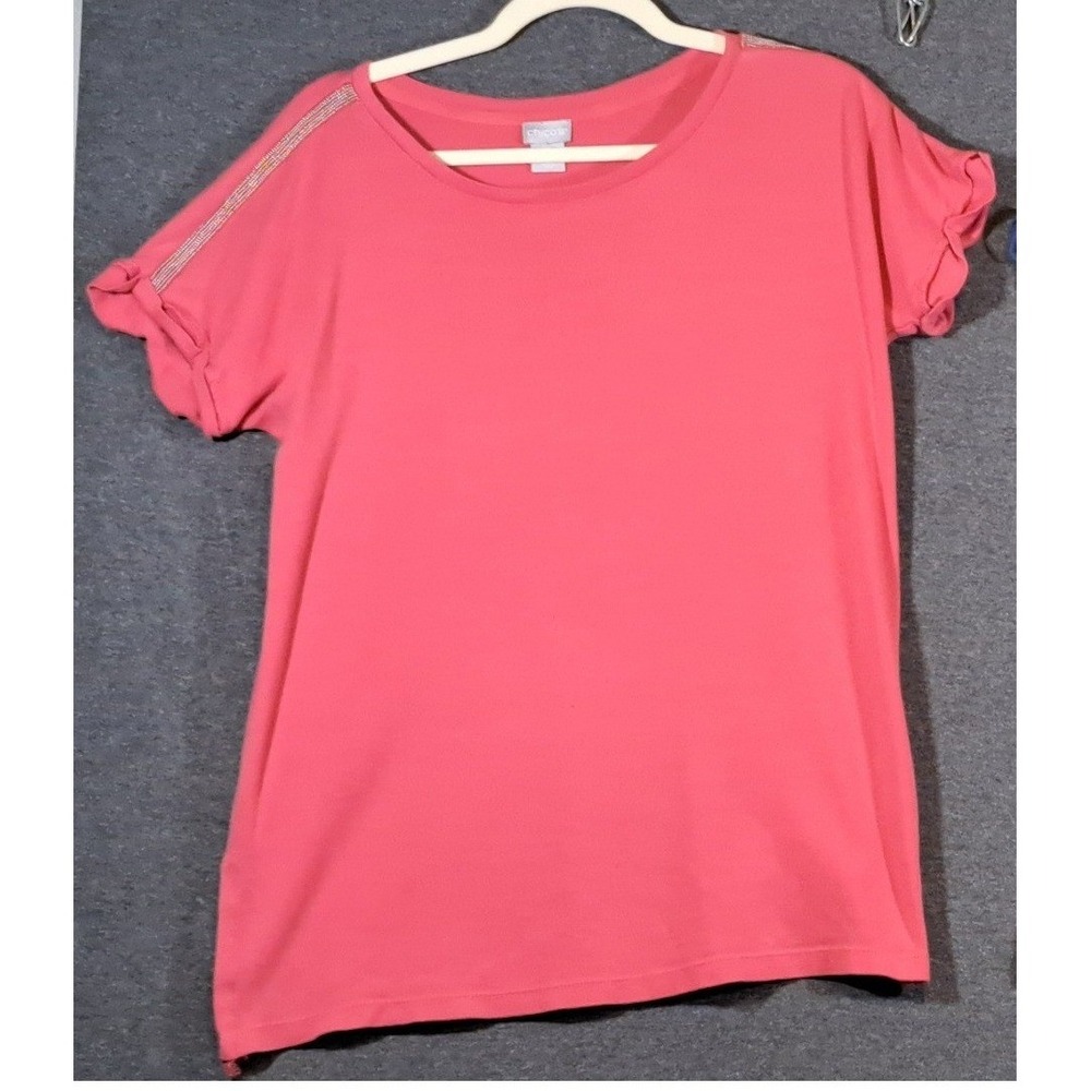 Chicos Coral Pink Pima Cotton Beaded Shoulder Short Sleeve Top Size 1 Medium